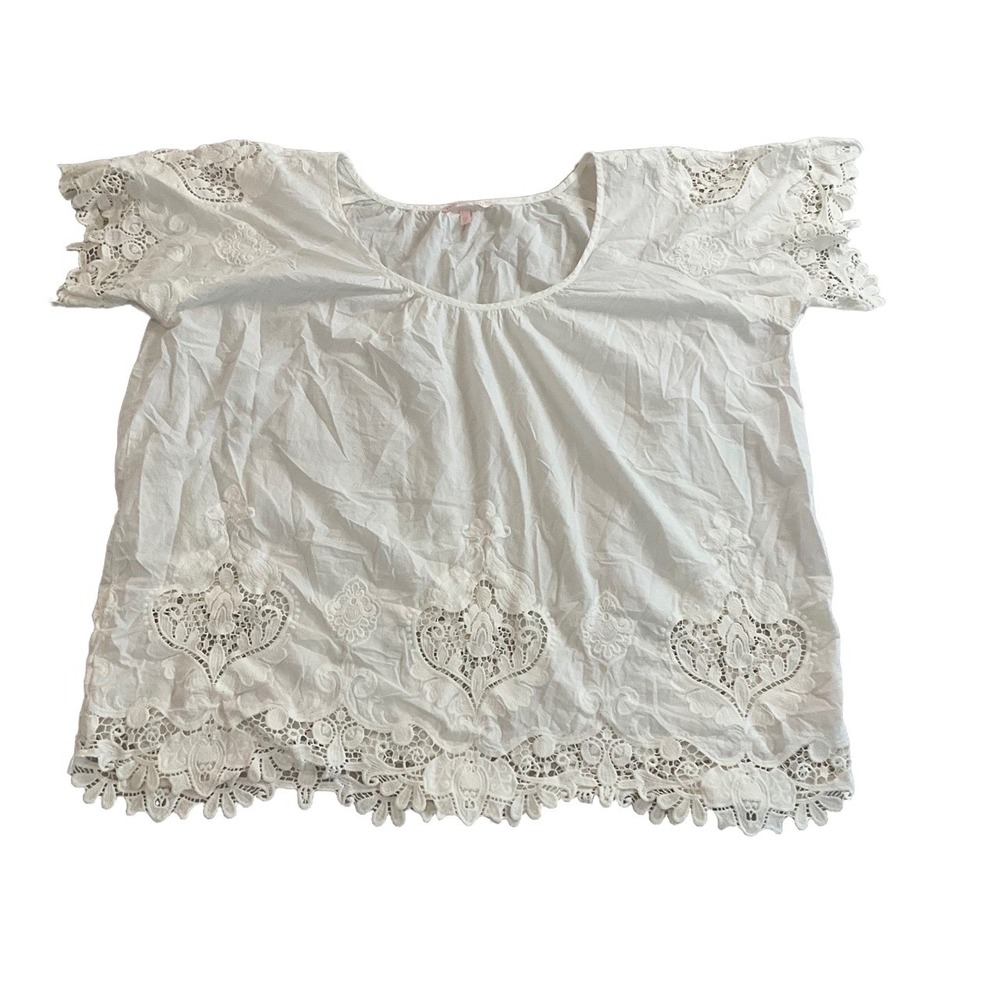 Victoria's Secret White Lace Trim Embroidered Short Sleeve‎ Eyelet Blouse Large